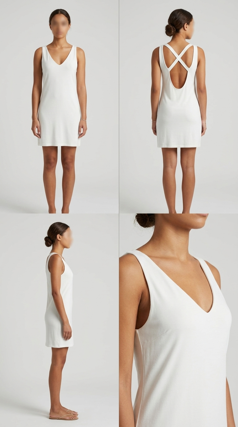Vestido branco curto com decote em V e costas cruzadas