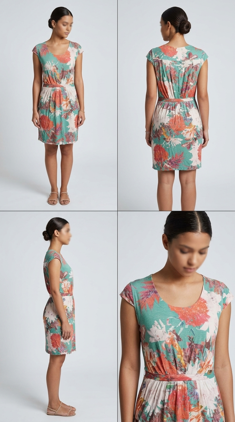 Vestido floral em tons de verde água e coral com cintura marcada