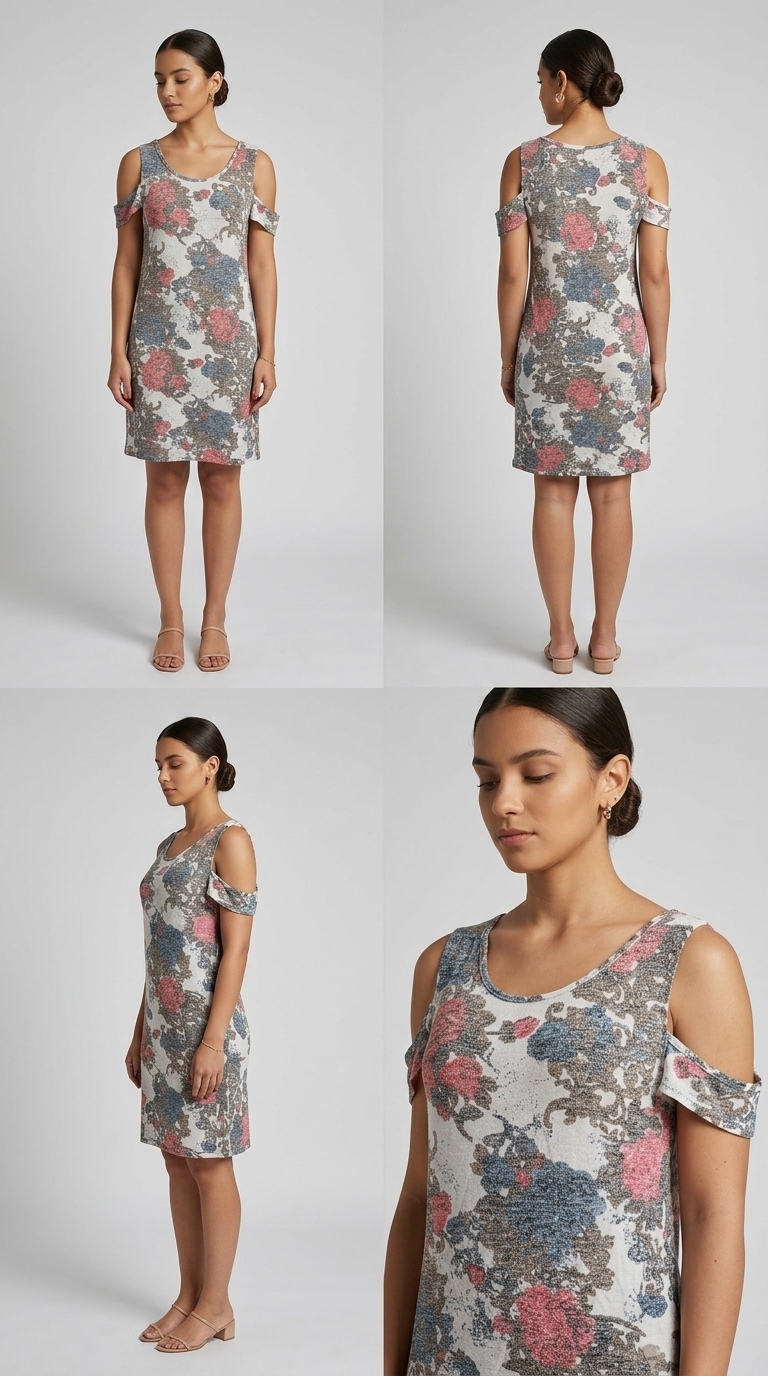 Vestido estampado com ombros vazados em tons de rosa, azul e cinza