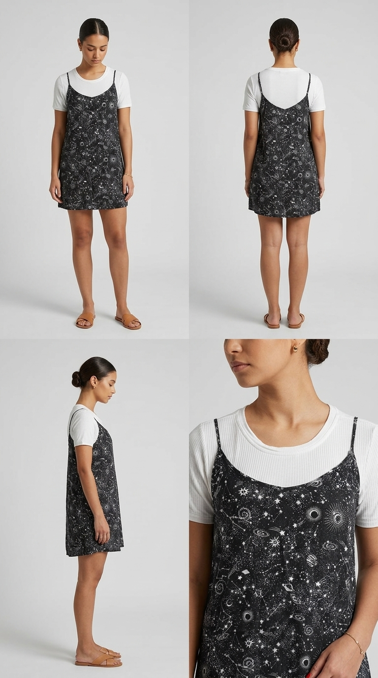 Vestido curto preto com estampa astral usado sobre blusa branca
