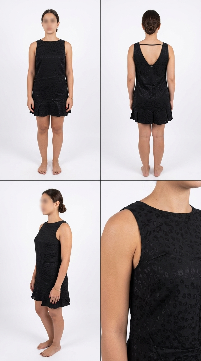 Vestido curto preto texturizado com costas em V