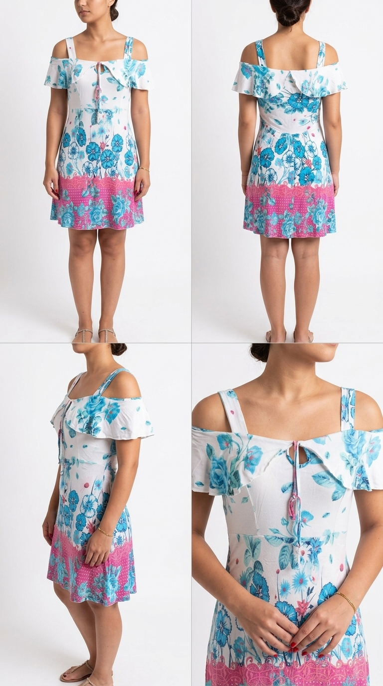 Vestido floral ombro a ombro em tons de azul e rosa