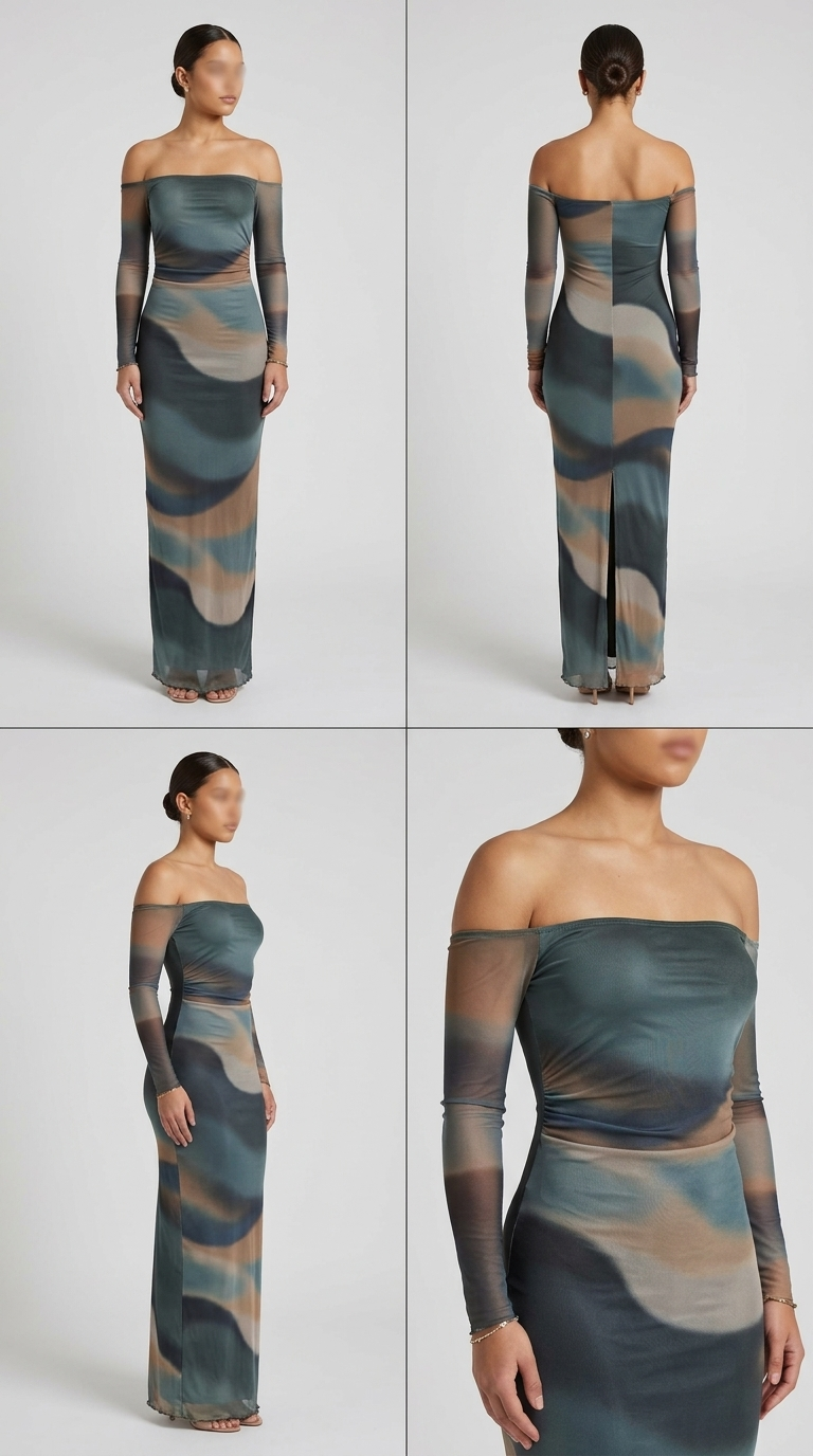 Vestido longo ombro a ombro com estampa abstrata em tons de azul, verde e bege