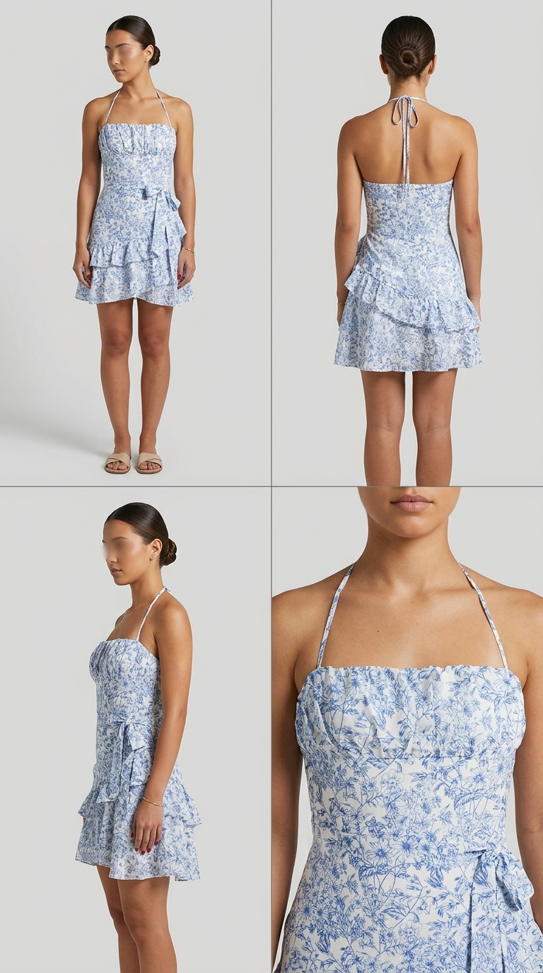 Vestido curto floral azul e branco com amarração no pescoço
