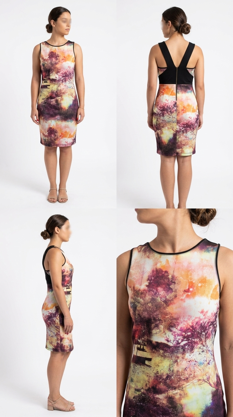 Vestido ajustado estampado em tons de vinho, dourado e preto