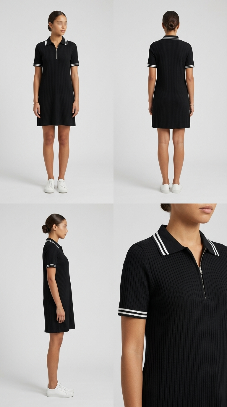 Vestido curto preto canelado com gola polo e zíper frontal