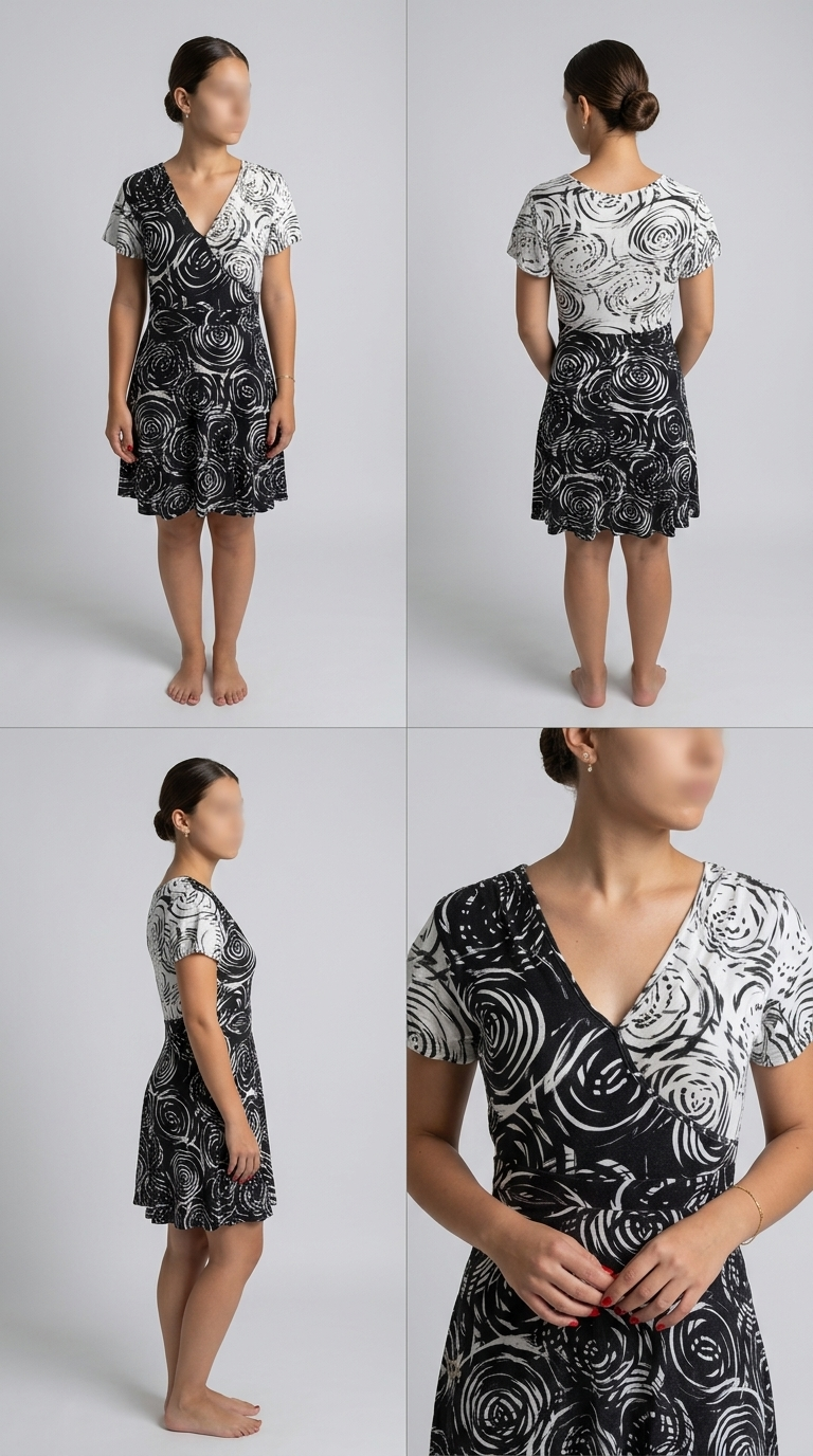 Vestido curto preto e branco com estampa gráfica e decote transpassado