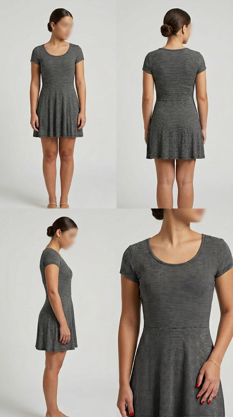 Vestido curto listrado cinza com saia levemente evasê